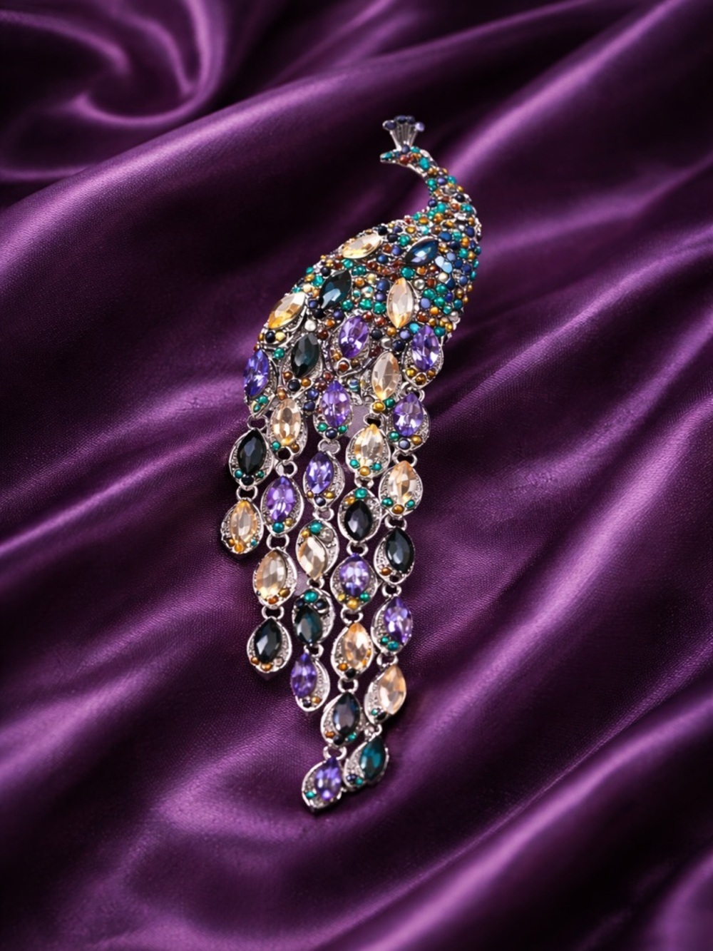 Luxe Peacock Feather Blue Purple Gem Diamond Brooch